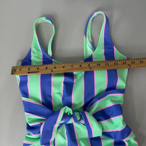 Fabletics Scoop Tie Back One Piece Swimsuit Small Stripe Green Purple - Picture 7 of 11